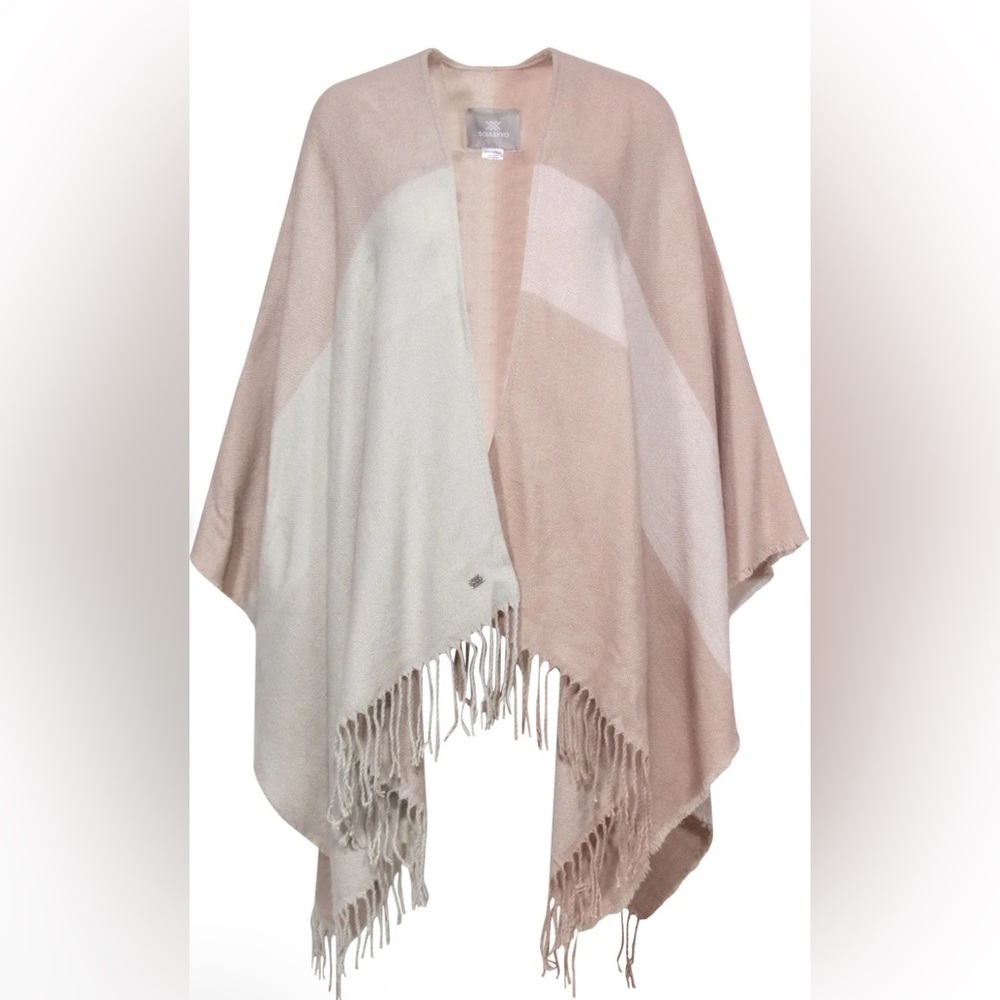 Slow & Kyo Beige, Dusty Rose and Cream Fringed Shawl Sweater/Wrap